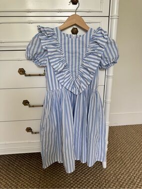 Girl’s Morley blue white stripe ruffle placket dress size 10